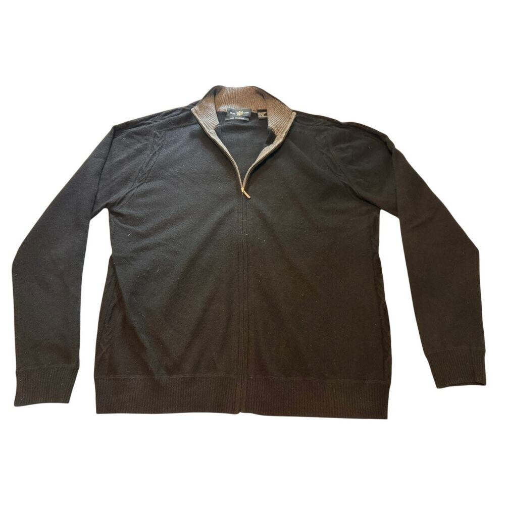 Glen Lyon 100% Cashmere Full Zip Sweater Mens XL Black Gray Trim Luxury Knit
